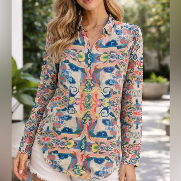 Johnny Was Tops - Johnny Was Floral Shirt Long Sleeve Button Up Cupra Rayon Size S